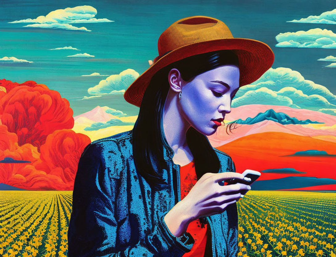 Blue-skinned woman in hat on phone with red-orange trees and yellow field