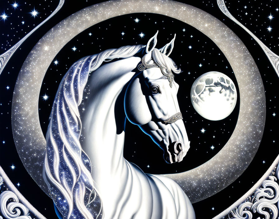 Illustration of majestic white horse under cosmic sky