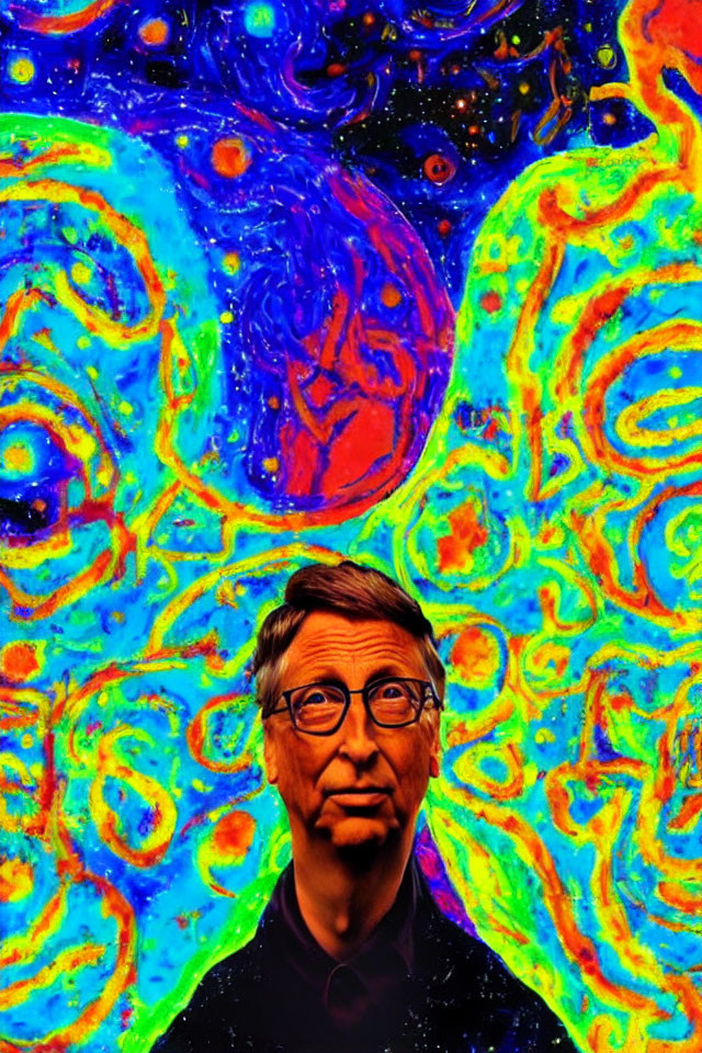 Person with Glasses Over Vibrant Psychedelic Swirl Pattern