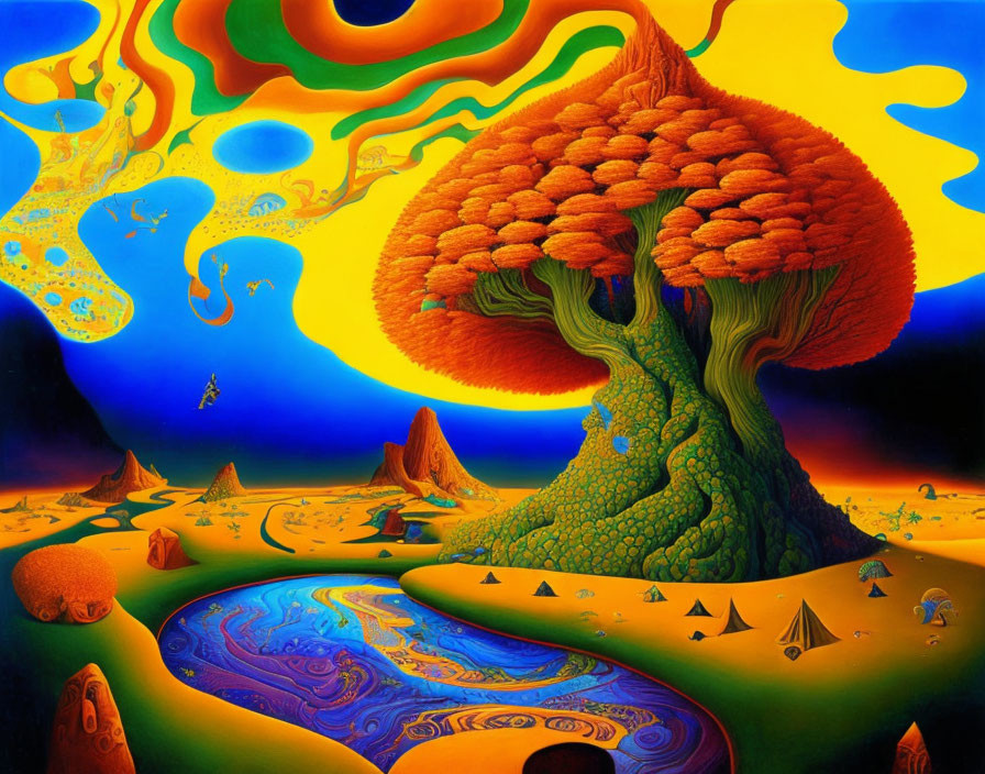 Colorful surreal landscape with mushroom-shaped tree and swirling sky