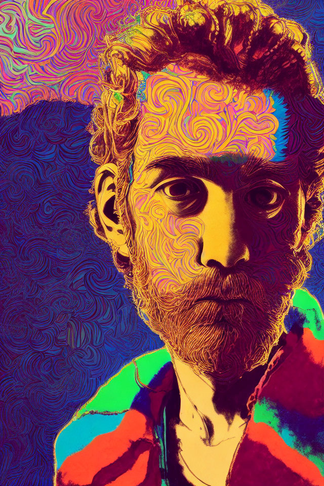 Vibrant psychedelic portrait of a bearded man with swirling patterns in yellow, blue, and red