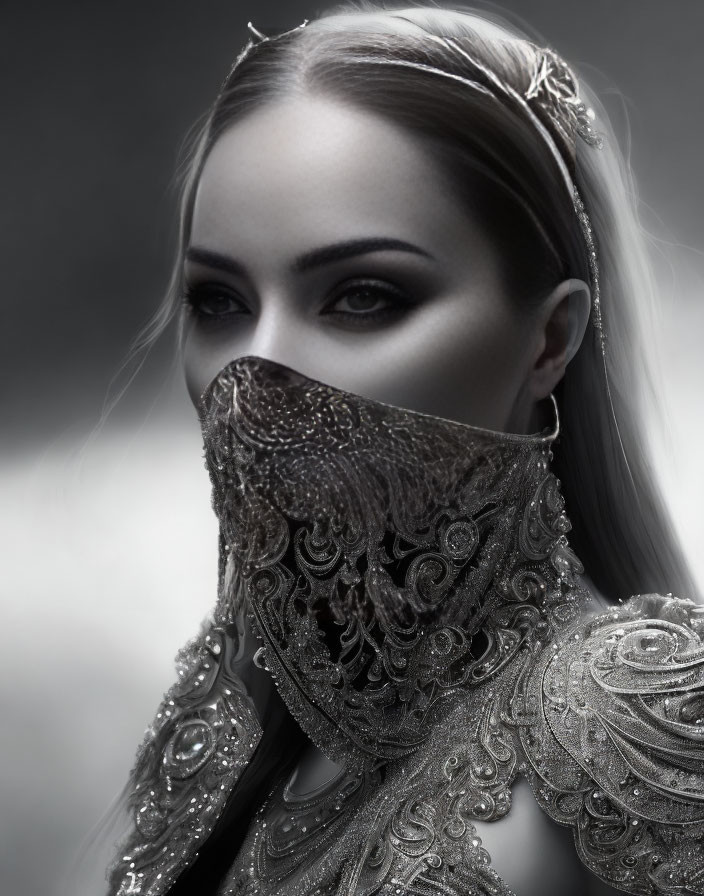 Monochromatic portrait of a woman in lace mask and ornate attire