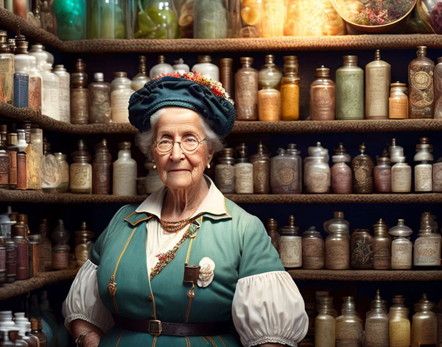 Elderly woman in traditional attire by shelves of vintage jars