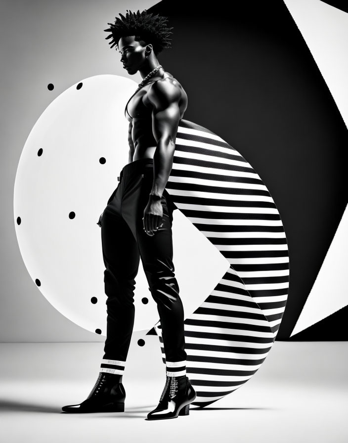 Fit Male Model Poses Shirtless Against Bold Geometric Backdrop