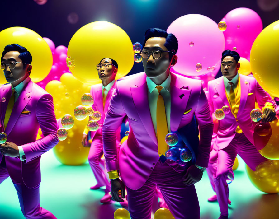 Four identical men in pink suits with bubbles and yellow orbs on neon-lit background