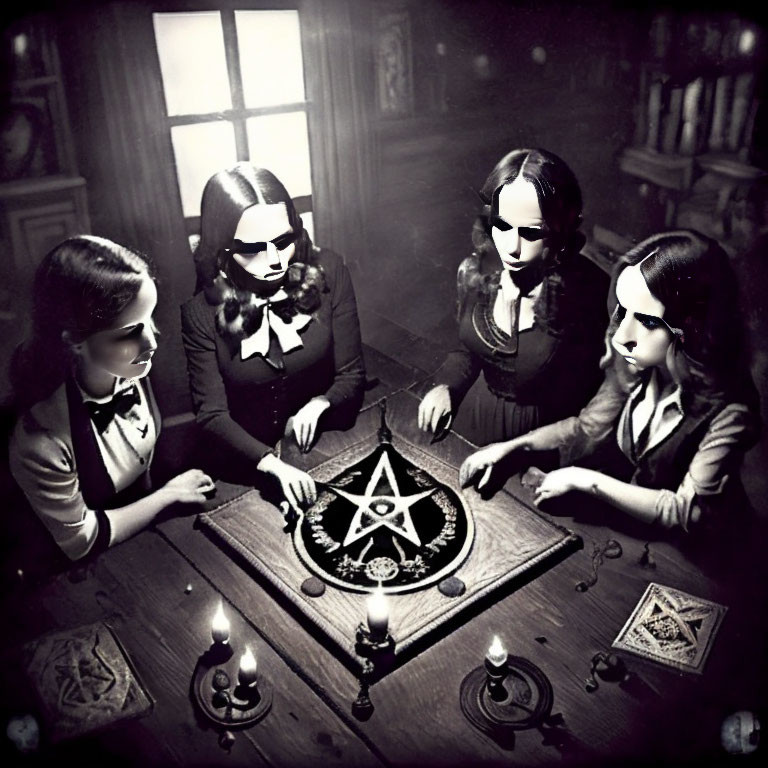 Four people using Ouija board in candlelit room with old books