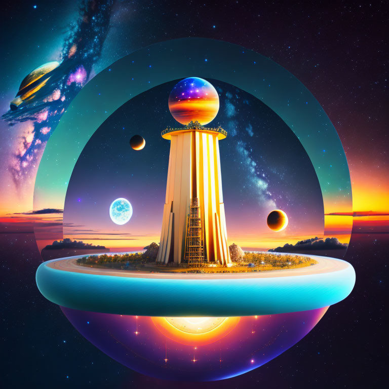 Colorful surreal flying structure with central pillar and spheres in cosmic illustration.