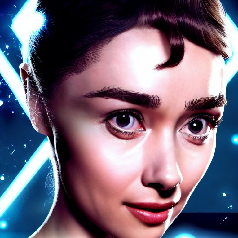 Digital Artwork: Woman with Prominent Eyebrows and Sparkling Eyes in Neon Lights