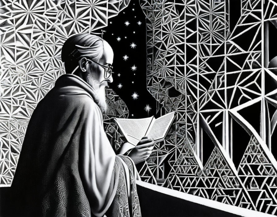 Monochromatic illustration of elderly person reading under starry sky