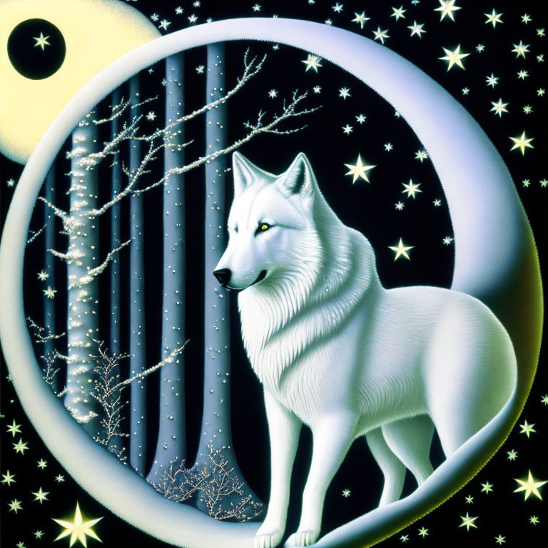 White wolf under full moon in mystical forest scene