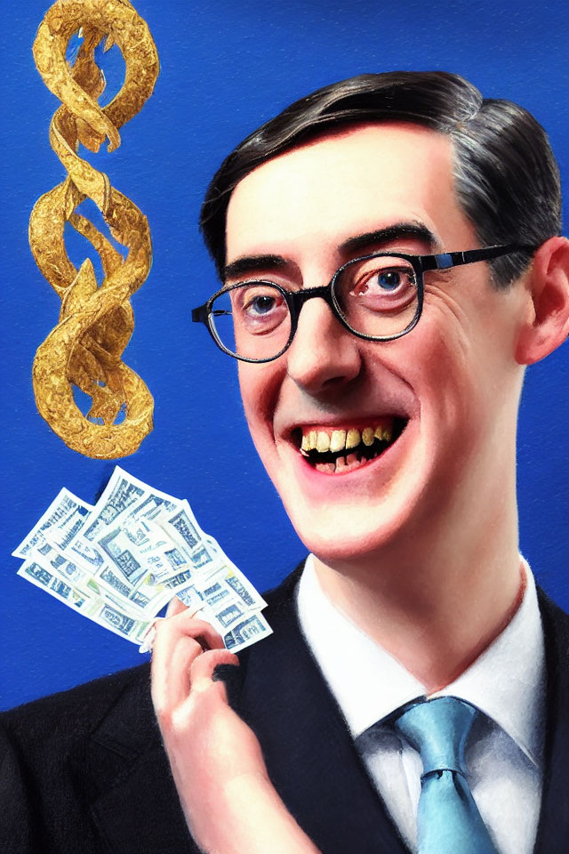 Stylized portrait of smiling man with glasses holding money and golden DNA helix