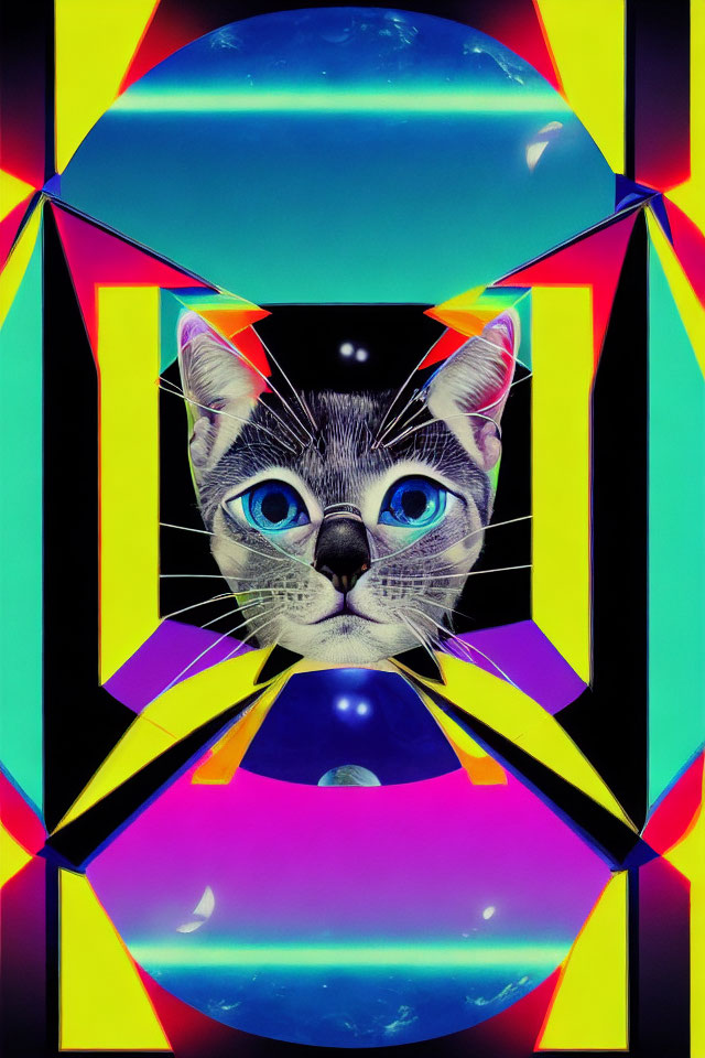 Colorful Cat Face Artwork with Blue Eyes on Neon Geometric Background