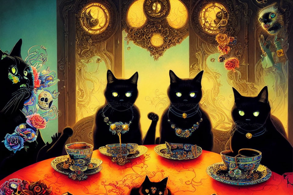 Four Black Cats with Glowing Eyes Around Ornate Table in Mystical Room