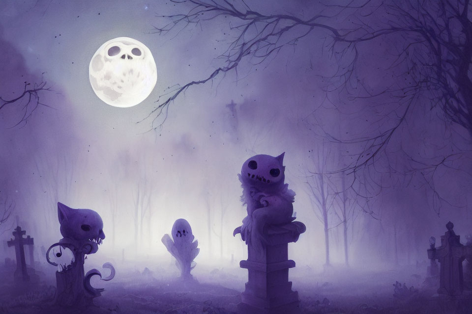 Eerie Night Scene with Ghostly Creatures and Full Moon