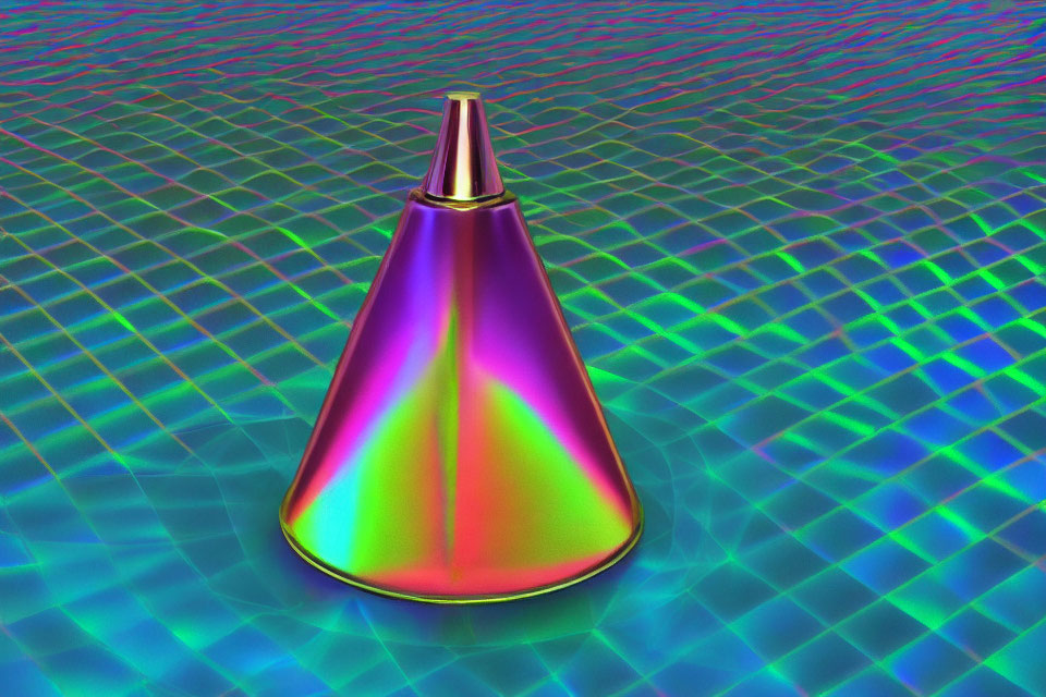 Iridescent metallic funnel on textured, reflective surface