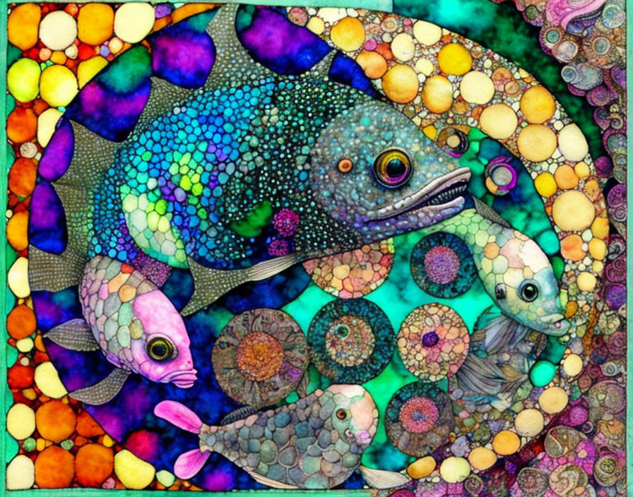 Vibrant psychedelic fish illustration with intricate patterns.