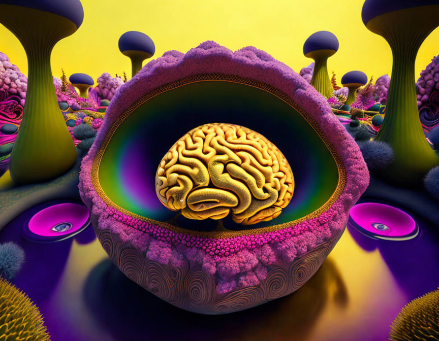 Colorful digital artwork: Human brain surrounded by psychedelic mushrooms and fractal landscapes