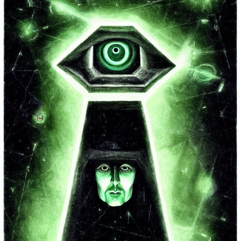 Mysterious hooded figure with glowing green eye in dark, ethereal setting