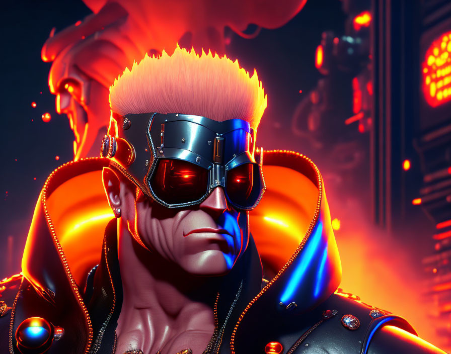 Futuristic cyberpunk character with glowing orange mohawk and illuminated collar