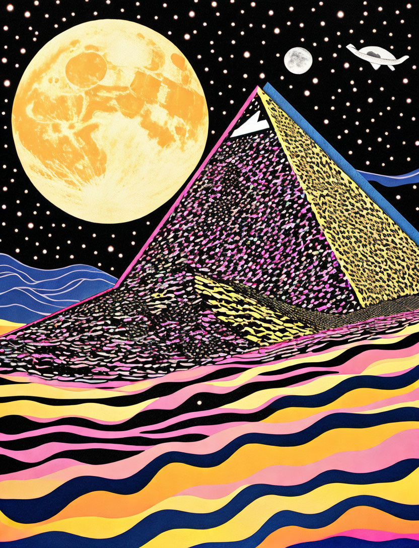 Colorful Pyramid Illustration with Moon, UFO, and Water Design