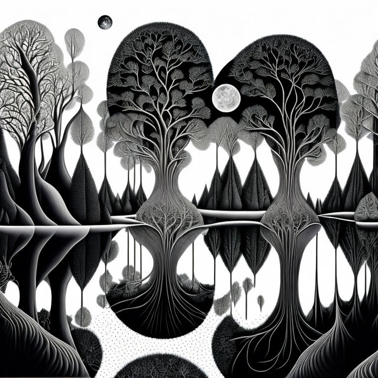 Monochromatic fantasy landscape with stylized trees and moonlit sky