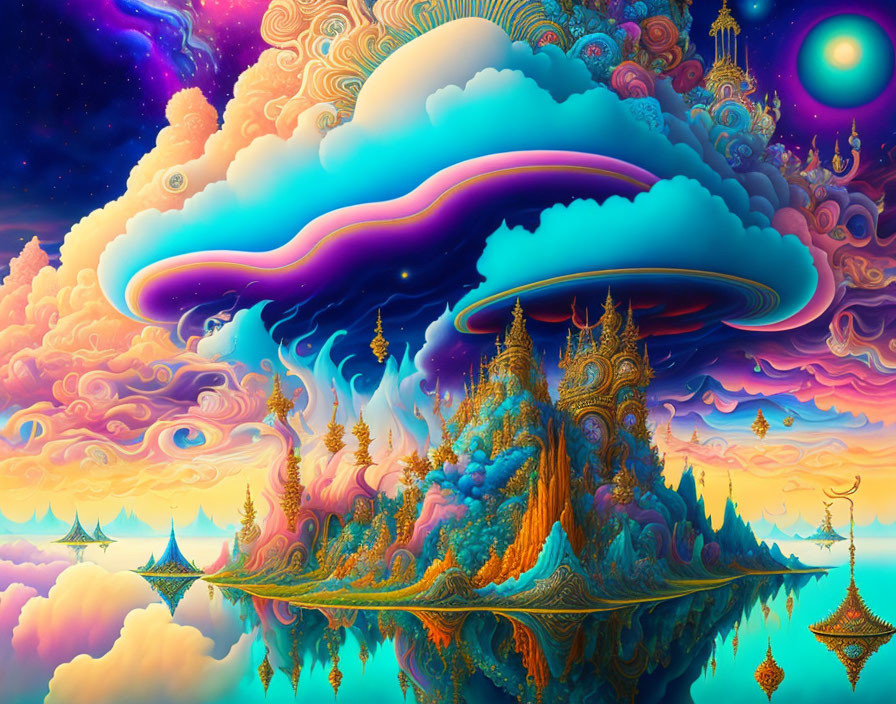 Colorful Psychedelic Landscape with Swirling Clouds and Floating Islands