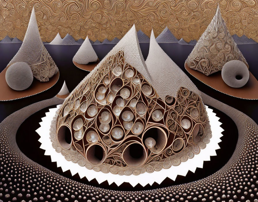 Symmetrical fractal image with cone shapes and spiraled design on brown backdrop