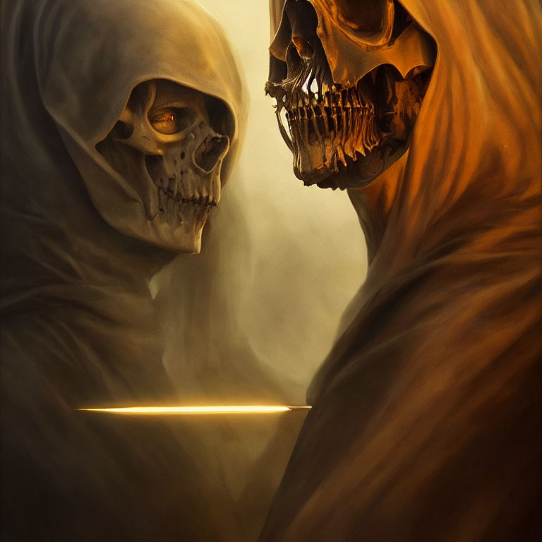 Skeletal figures in cloaks with glowing sword in warm backdrop