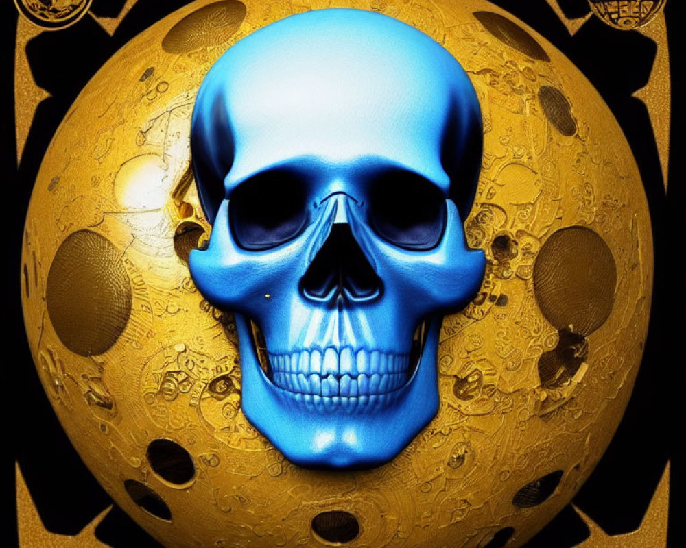 Colorful digital artwork: metallic blue skull on golden orb with patterns