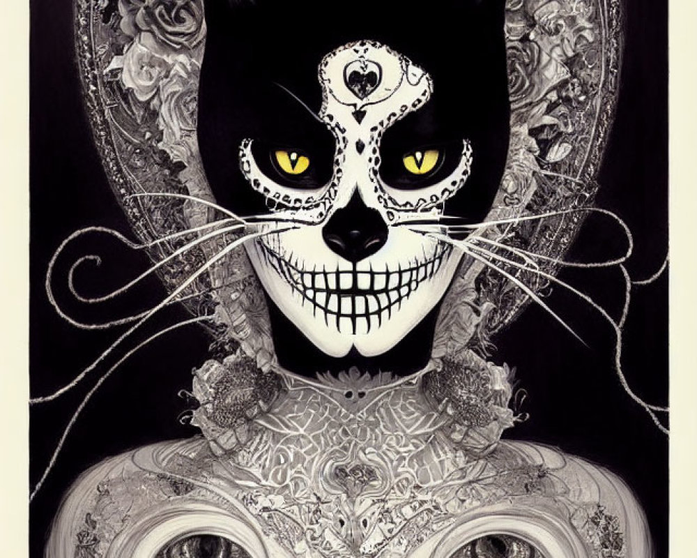 Cat with Skull Face and Intricate Patterns on Monochrome Background