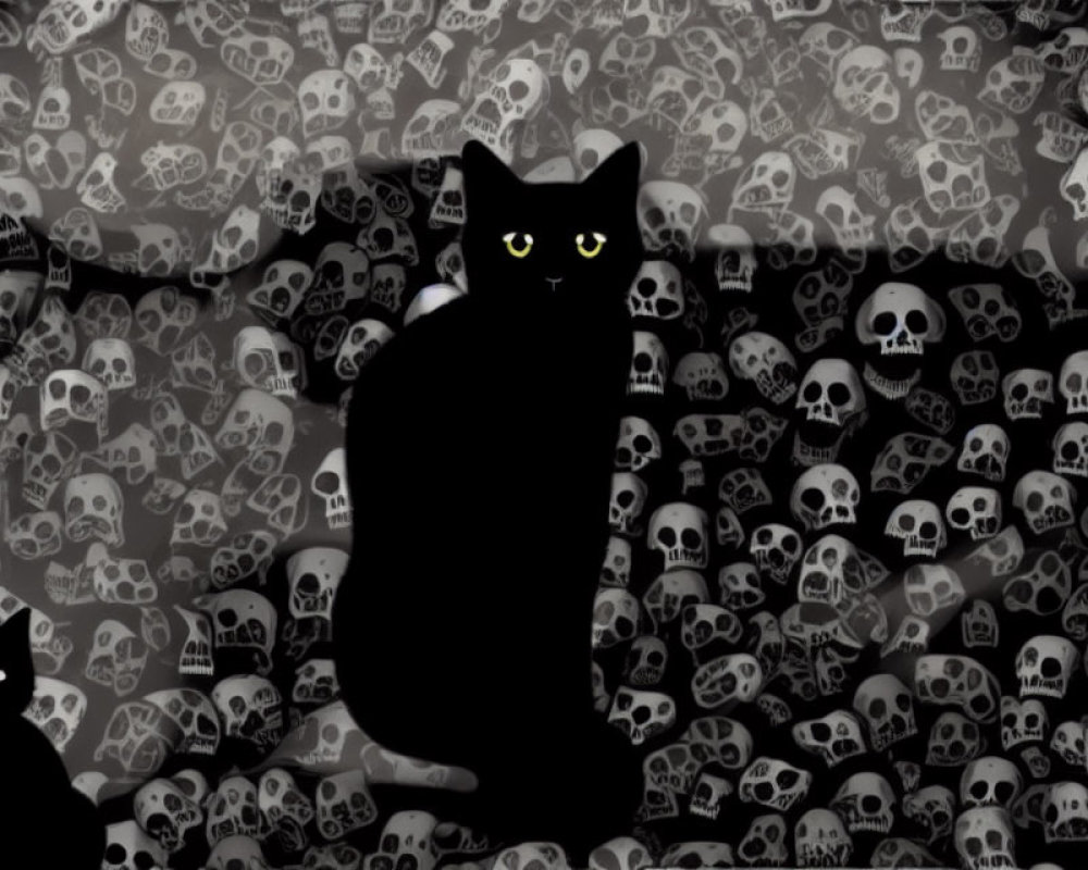 Black cat with glowing yellow eyes against skull-filled backdrop