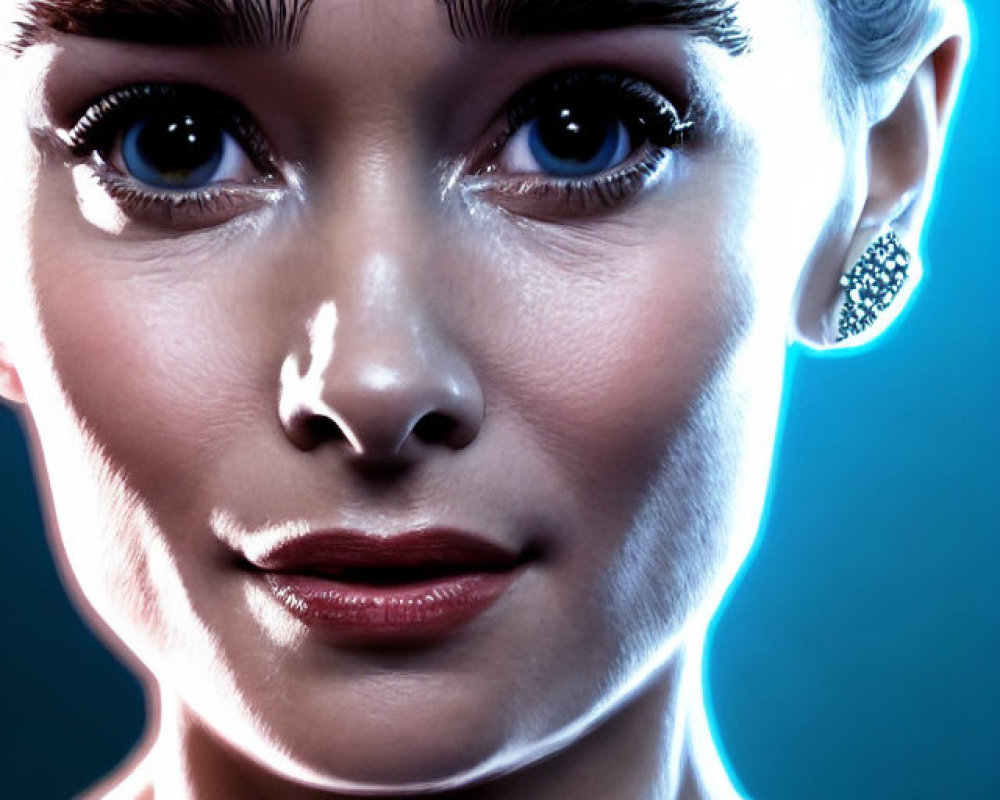 Detailed CGI female character with skin textures, bright eyes, silver attire, and diamond earrings on blue background