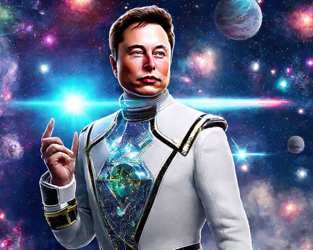 Futuristic man in white space suit pointing in cosmic starfield