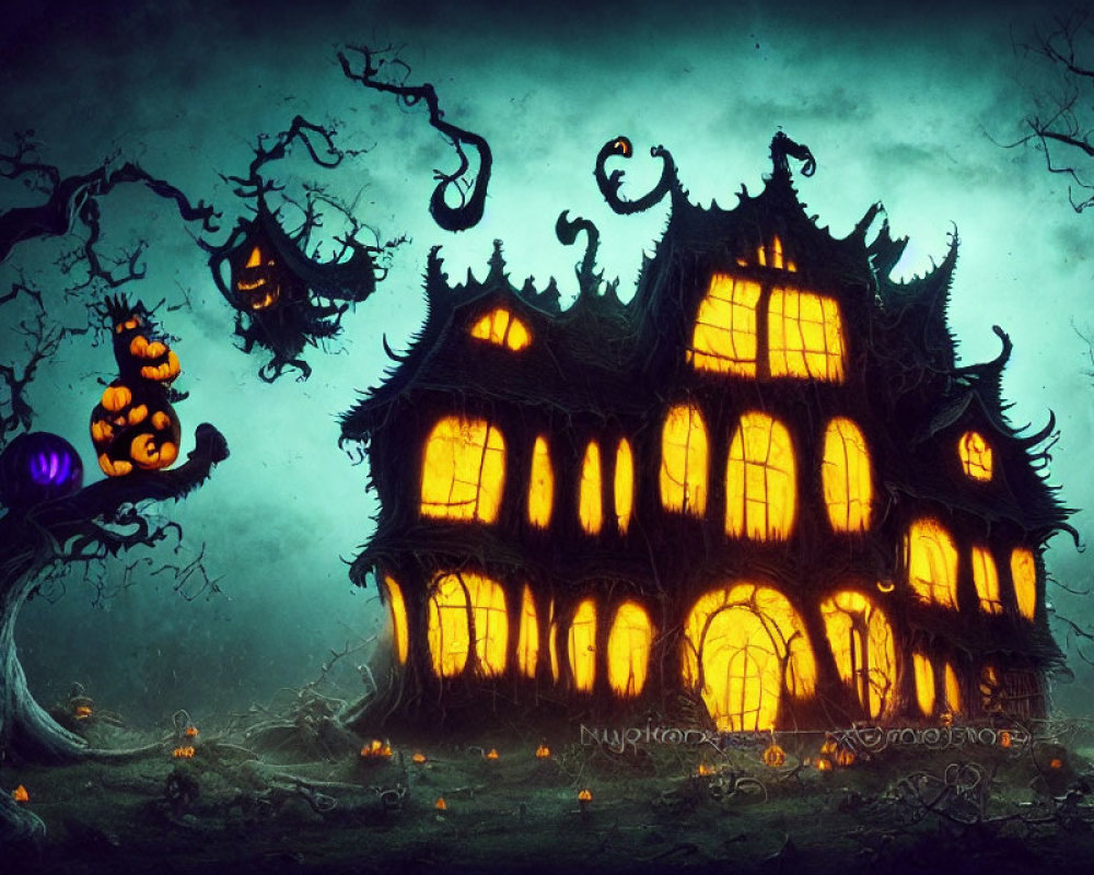 Eerie illuminated haunted house with jack-o'-lanterns and glowing pumpkins