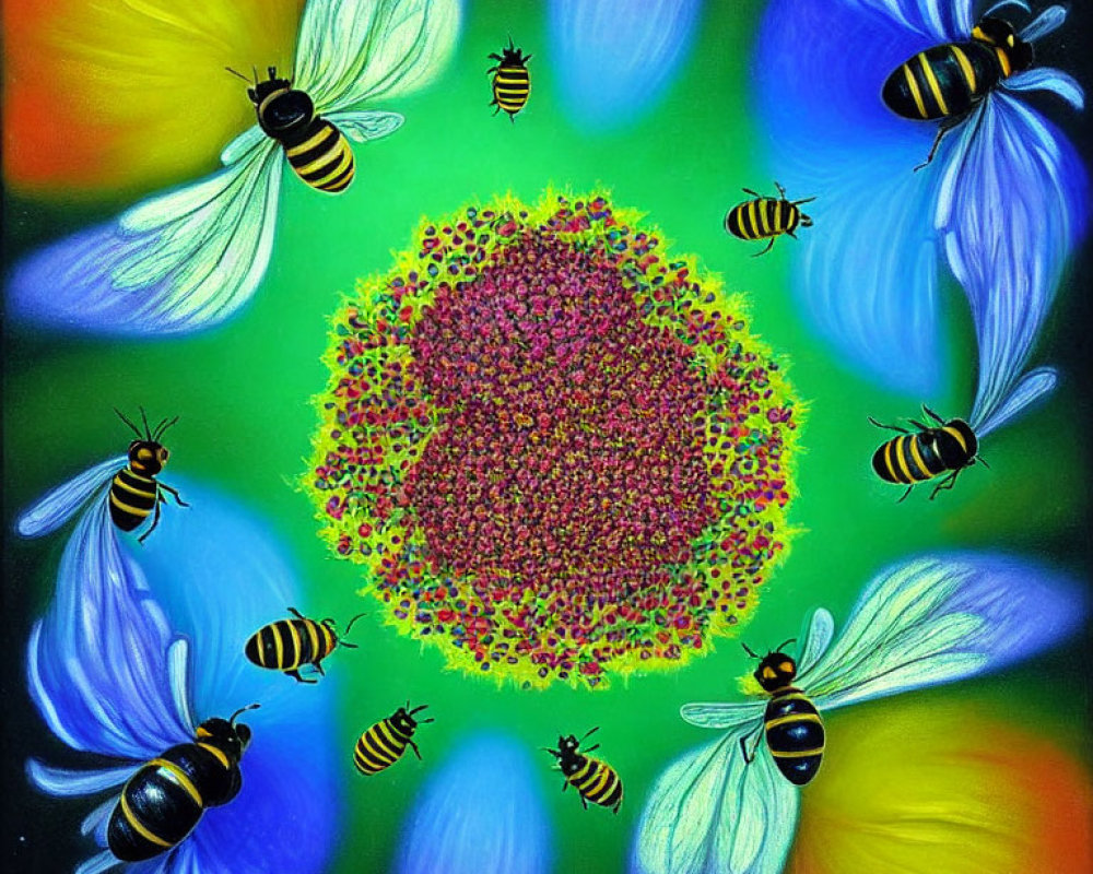 Vibrant painting of bees and flowers on green background