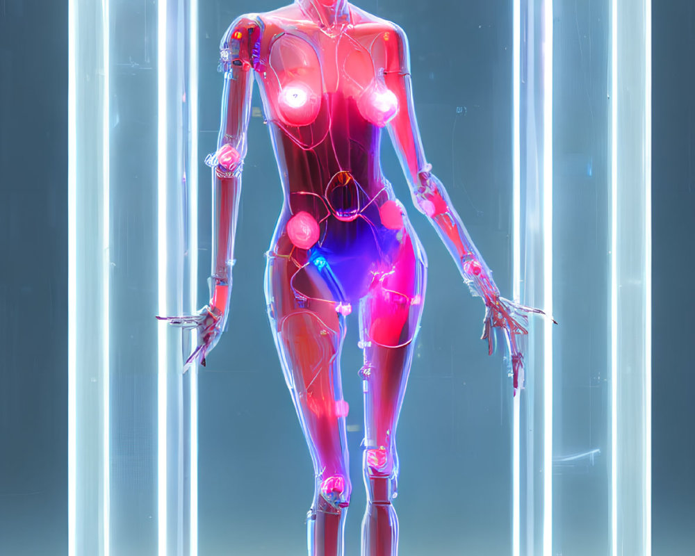 Transparent female android with glowing red points in cylindrical chamber