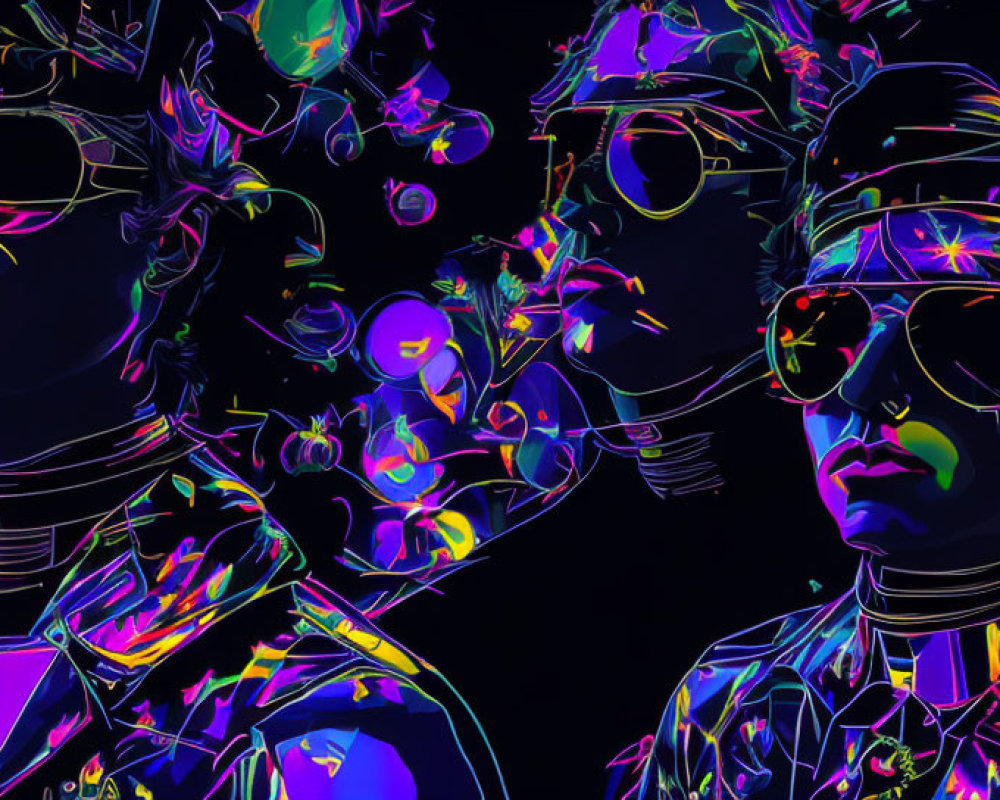 Colorful neon artwork of two figures in hats and sunglasses on dark background