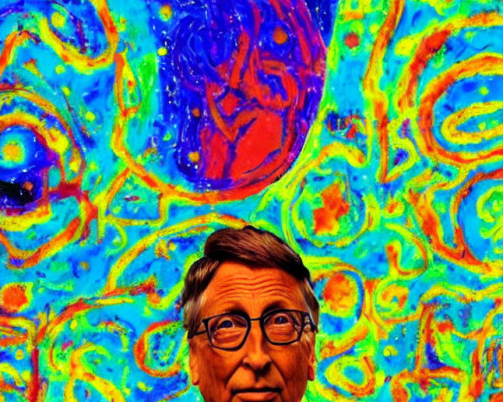 Person with Glasses Over Vibrant Psychedelic Swirl Pattern