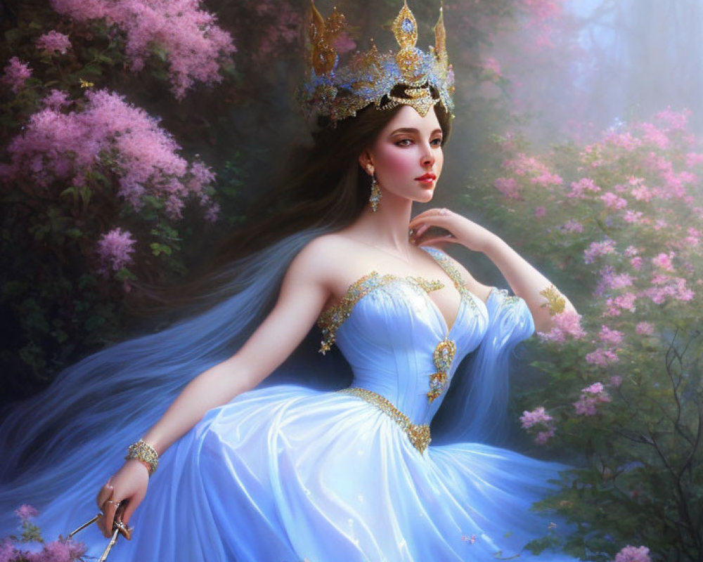 Regal figure in blue gown and golden crown on pink floral backdrop