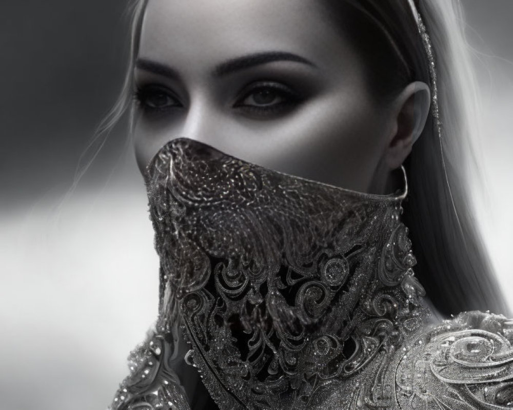 Monochromatic portrait of a woman in lace mask and ornate attire