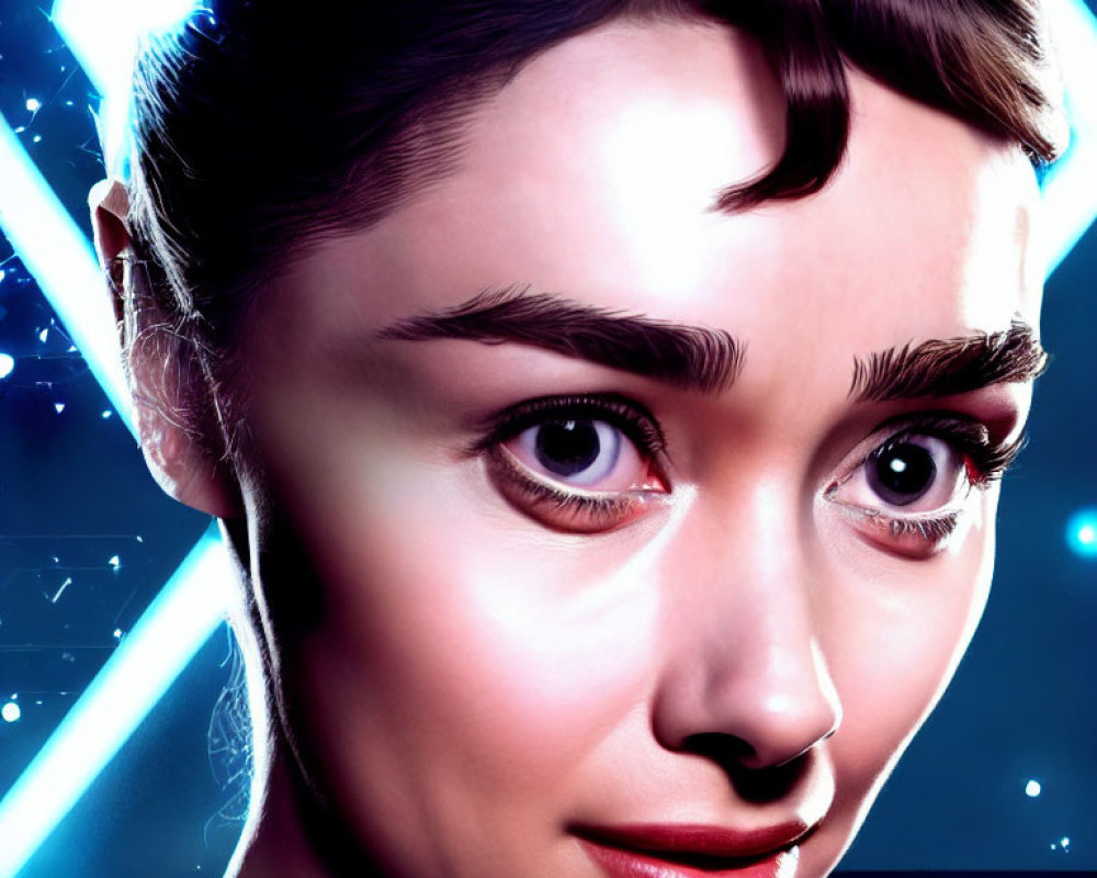 Digital Artwork: Woman with Prominent Eyebrows and Sparkling Eyes in Neon Lights