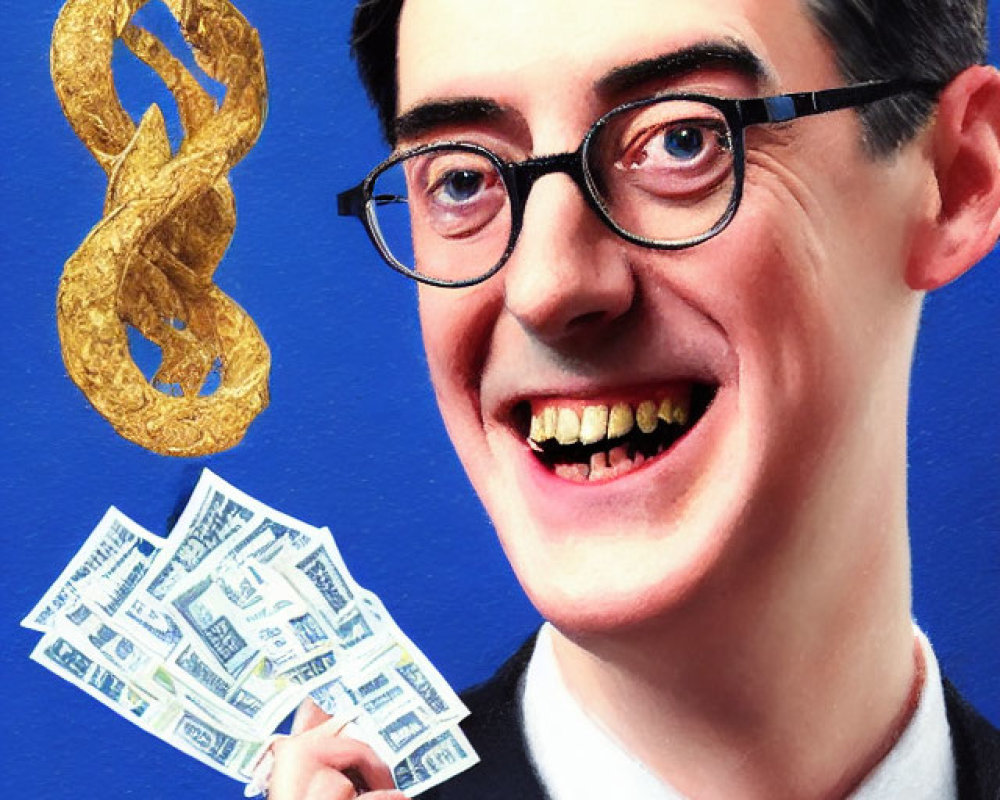 Stylized portrait of smiling man with glasses holding money and golden DNA helix