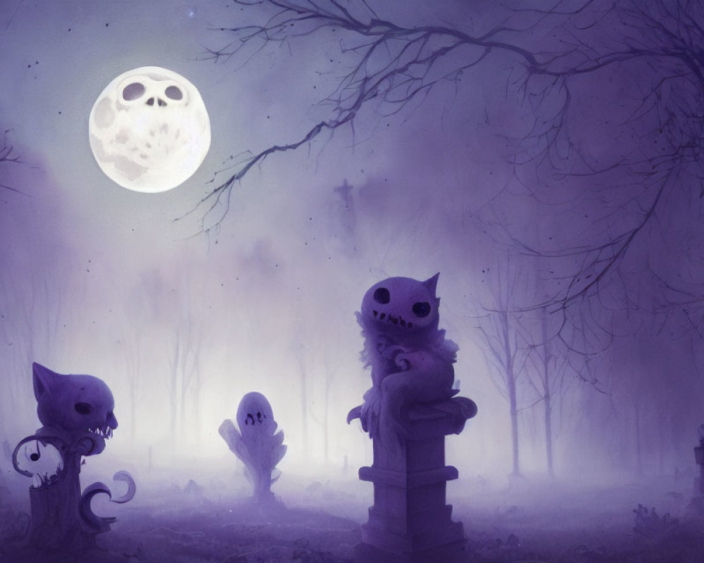 Eerie Night Scene with Ghostly Creatures and Full Moon