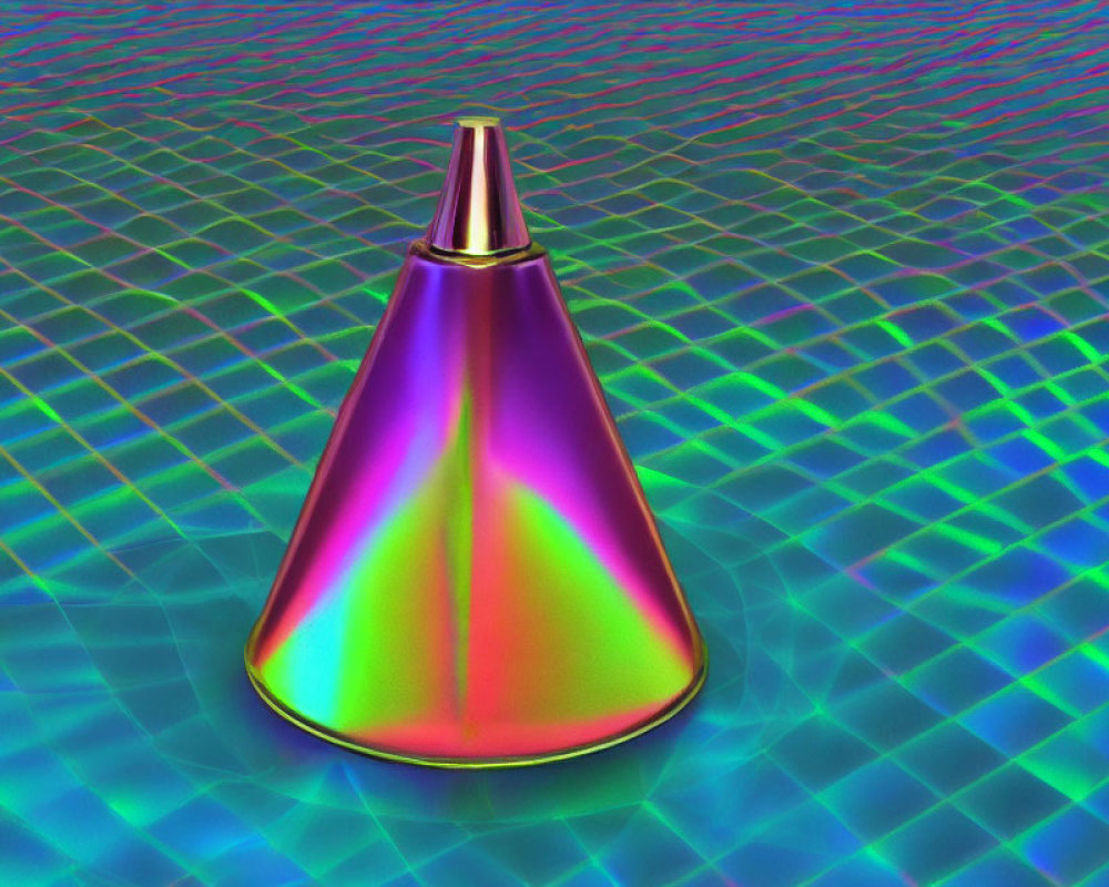 Iridescent metallic funnel on textured, reflective surface