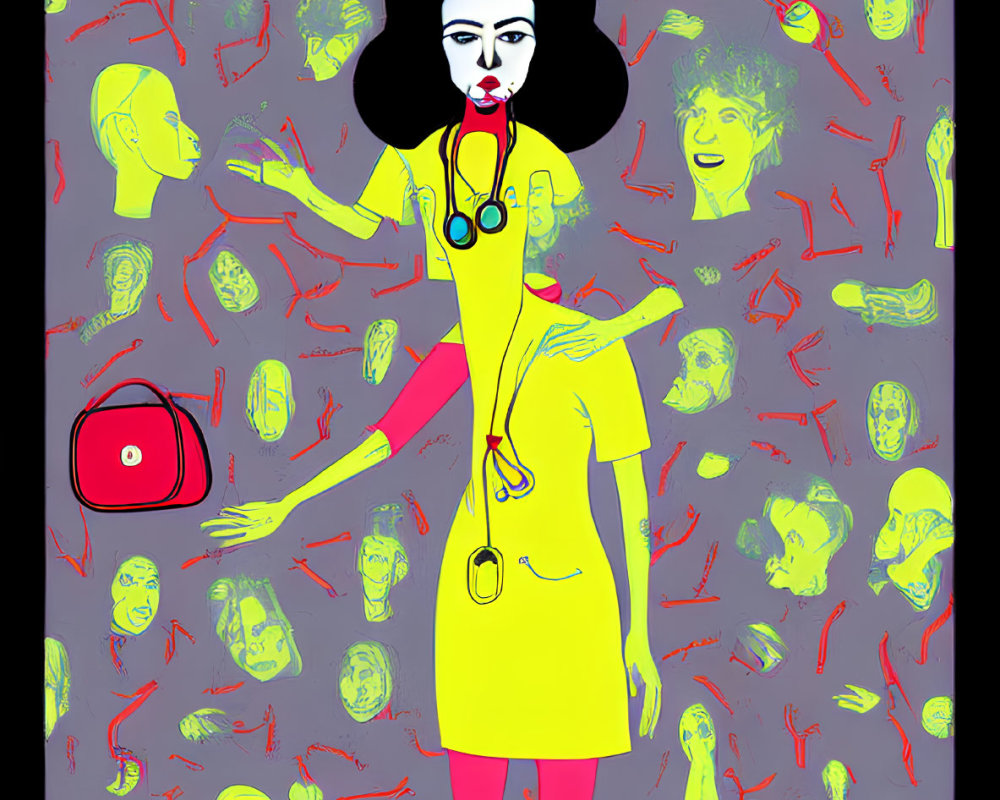 Colorful illustration: Woman in yellow dress and stethoscope surrounded by abstract faces and medical tools on