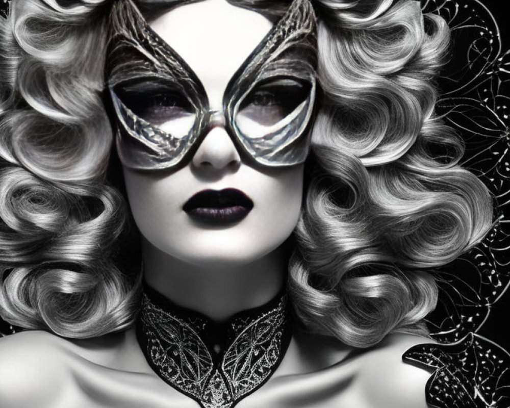 Monochrome image of woman with curly hair and mask on black background