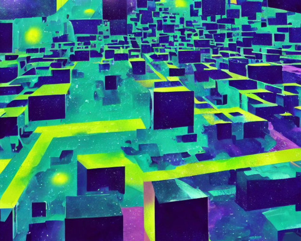 Vibrant surreal landscape with floating geometric cubes in purple, blue, and yellow.