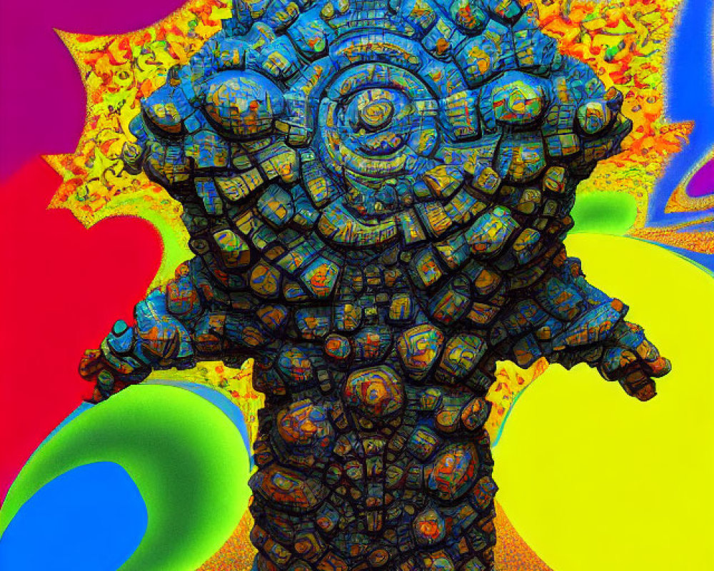 Colorful fractal-like creature with repetitive patterns on vibrant background