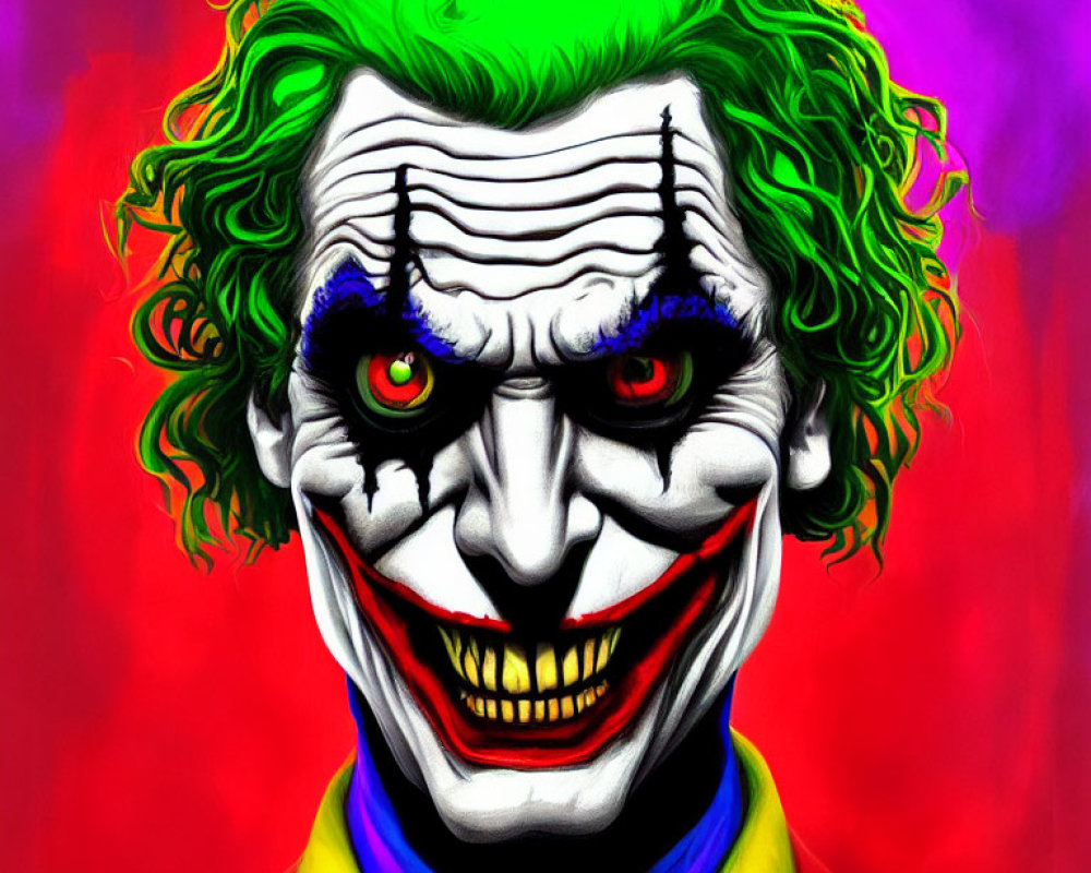 Colorful Joker painting with red eyes and grin on purple-red backdrop