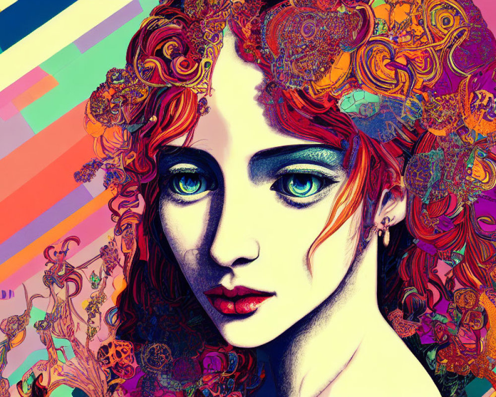 Detailed digital art of woman with ornate hair & blue eyes on colorful abstract backdrop